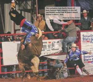 Races at Clowntucky Downs with only two entries, a jockey-mounted-mule and rodeo clown Wolverine Andy Burelle on his buckskin miniature horse, draw the biggest grins, hoots, hollers and the loudest applause at rodeos throughout the continent.